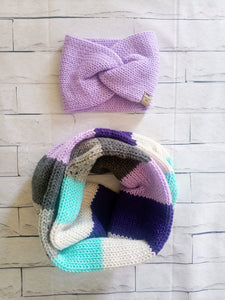 Duo bandeau/foulard infini Turquoise/Mauve/Gris